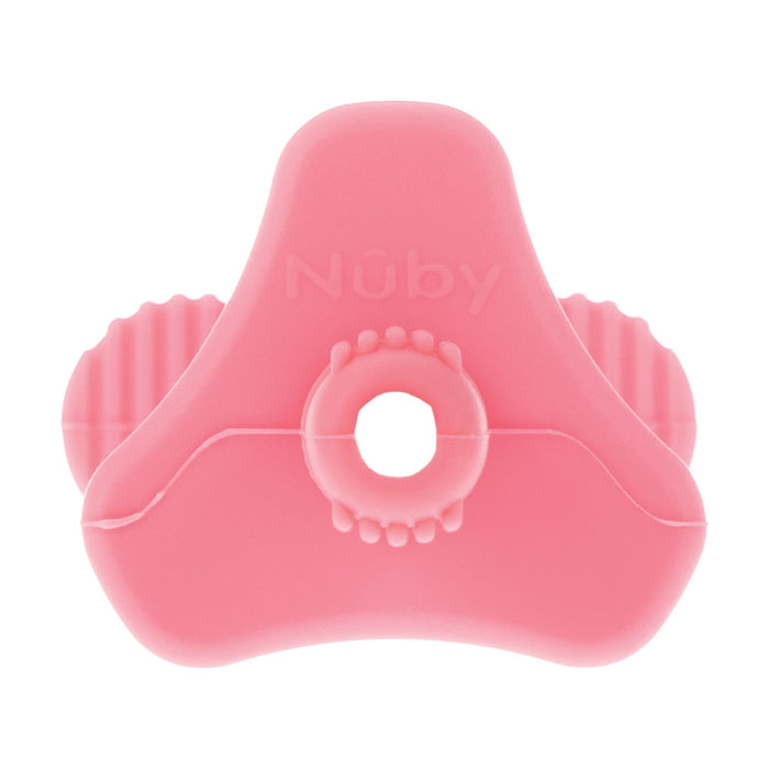 The Nuby Tube Teethers (3 Pack) in purple, pink, and yellow feature textured grips and a central hole for easy holding, providing soothing relief for teething discomfort.