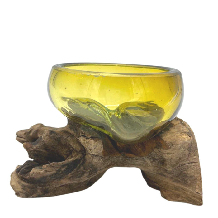 Unique abstract handcarved Molton Glass Mini Amber Bowl on Genuine Gamal Wood