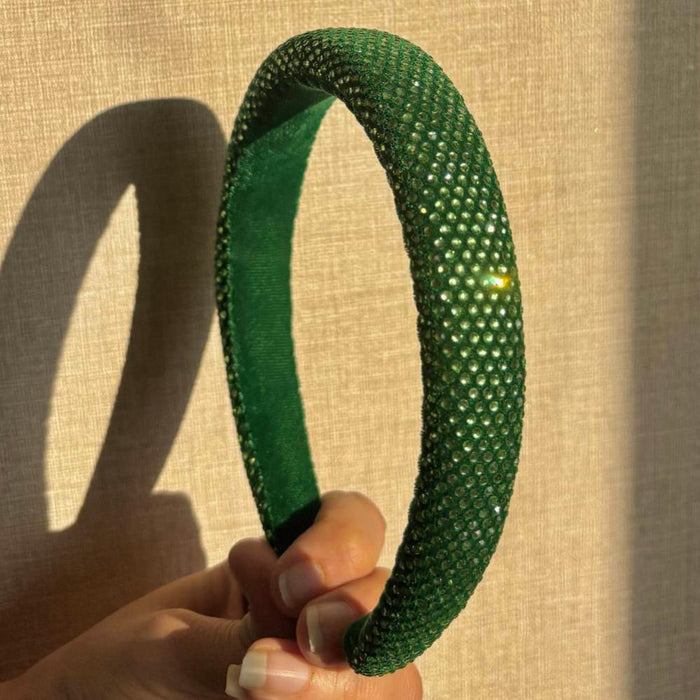 Velvet Puff Hair Band with Rhinestones - Green