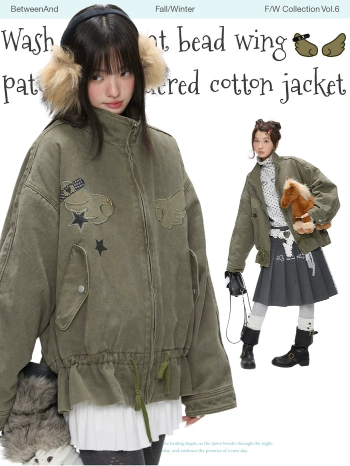 Wash color heat bead wing patch embroidered cotton jacket