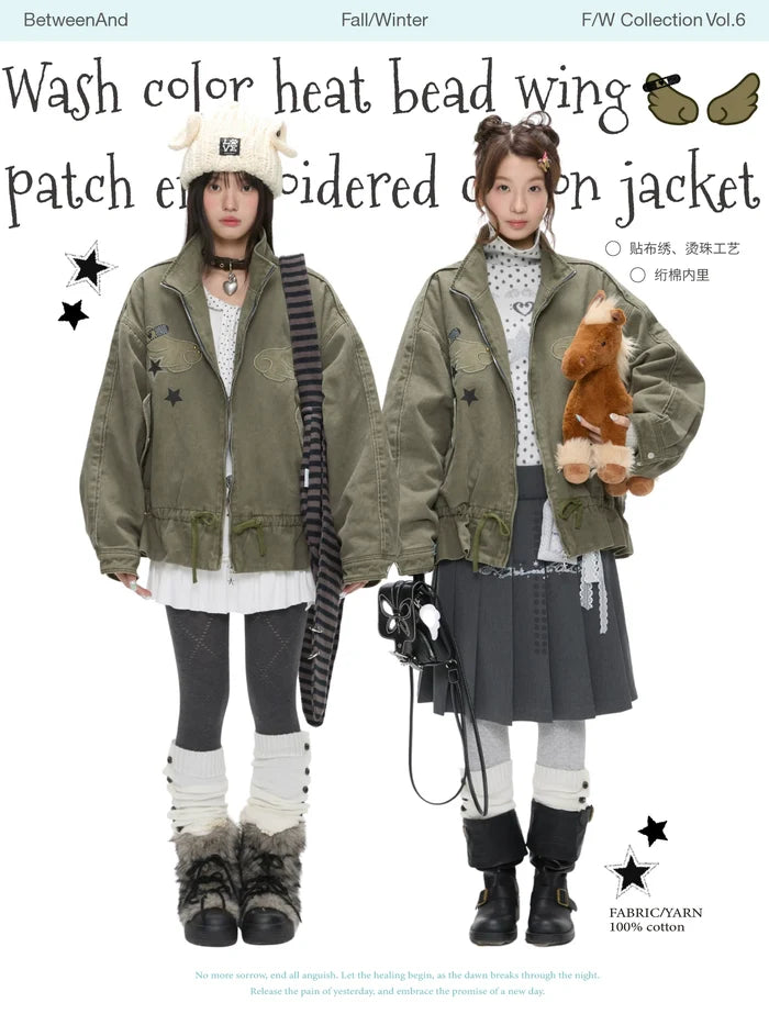 Wash color heat bead wing patch embroidered cotton jacket