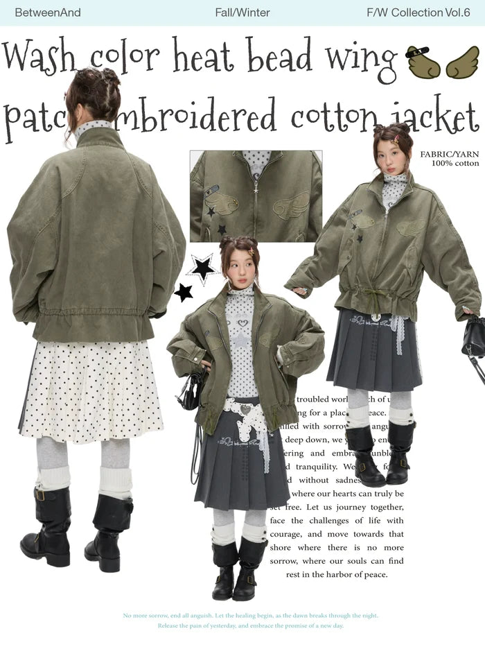 Wash color heat bead wing patch embroidered cotton jacket