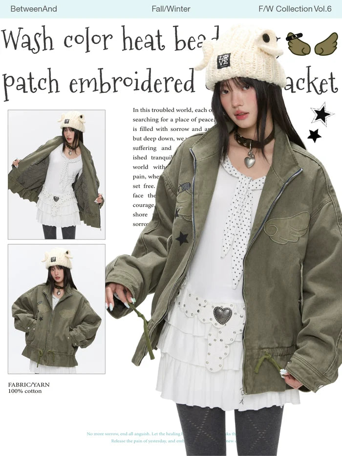 Wash color heat bead wing patch embroidered cotton jacket