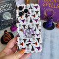 Witch Please Wavy Luxe MagSafe iPhone case held in hand, cream with purple witch hats, spiderwebs and purple script lettering.