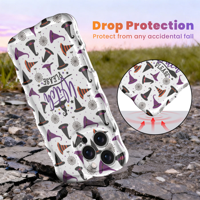 Drop protection diagram for the Witch Please Wavy Luxe MagSafe iPhone case, with a close-up of the cushioned corner on pavement.