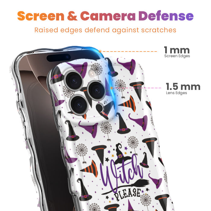 Screen and camera defense diagram for the Witch Please MagSafe iPhone case showing 1 mm raised screen edges and 1.5 mm lens edges.