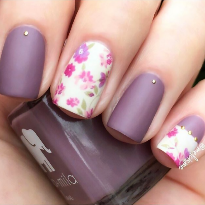 You and Me grey purple nail polish with floral accent nail art